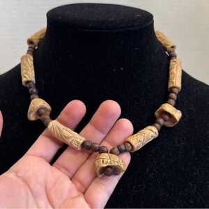 Vintage Clay Stone Carved Beaded Necklace Carved Wooden Tribal Turtles Boho Art